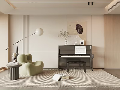 Modern Living Room Interior With Black Piano Artwork Green Armchair And Floor Lamp 3d model