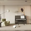 Modern Living Room Interior With Black Piano Artwork Green Armchair And Floor Lamp