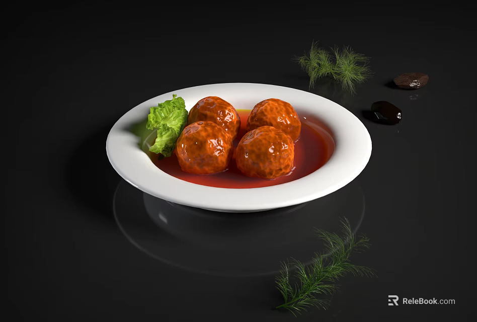Three Juicy Meatballs In Red Sauce On White Plate With Green Garnish 3d model 