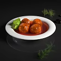 Three Juicy Meatballs In Red Sauce On White Plate With Green Garnish