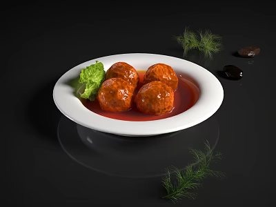 Three Juicy Meatballs In Red Sauce On White Plate With Green Garnish 3d model