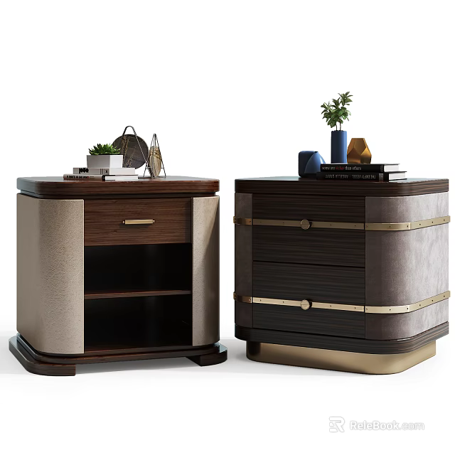 Modern Bedside Tables With Wooden Leather Finish Metal Accents And Decorative Plants 3d model 