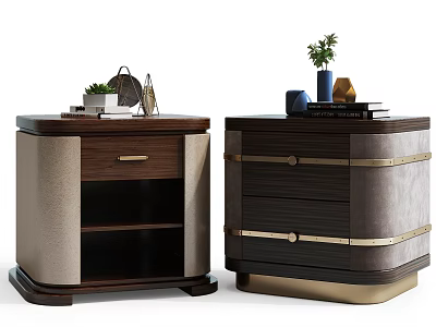 Modern Bedside Tables With Wooden Leather Finish Metal Accents And Decorative Plants 3d model