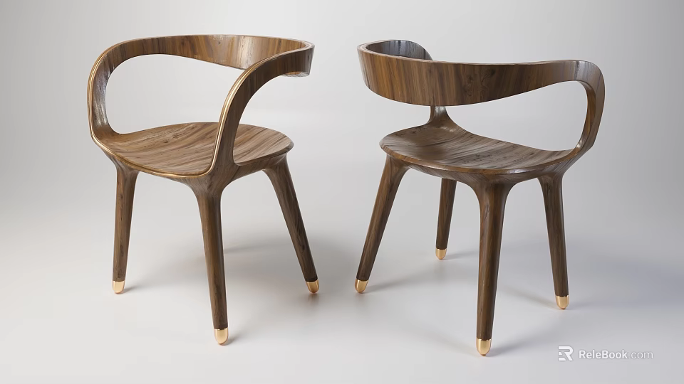 Elegant Modern Wooden Armchairs With Curved Armrests And Golden Leg Caps 3d model 