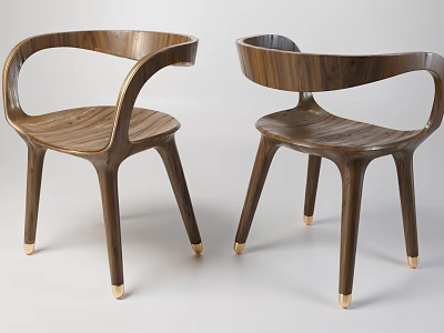 Elegant Modern Wooden Armchairs With Curved Armrests And Golden Leg Caps 3d model