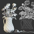 White Twisted Vase With Fresh White Roses And Green Leaves On Dark Background