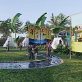 Scenic Outdoor Campsite Featuring Tents String Lights Thatched Pavilion Stream And Lawn Seating
