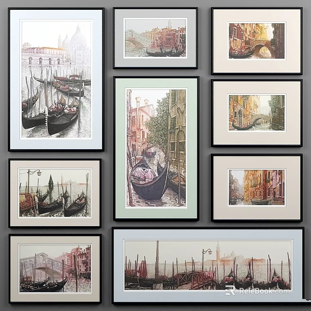 Collection of Framed Venice Themed Artworks with Gondolas Canals and Historic Buildings 3d model 
