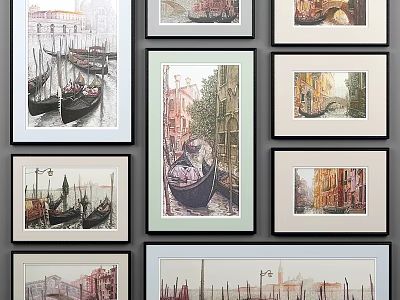Collection of Framed Venice Themed Artworks with Gondolas Canals and Historic Buildings 3d model