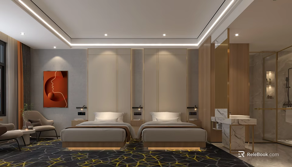 Hotel Guest Room With Twin Beds Artwork Paneled Walls And Patterned Carpet 3d model 