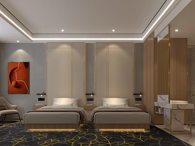 Hotel Guest Room With Twin Beds Artwork Paneled Walls And Patterned Carpet 3d model