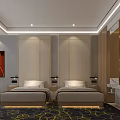 Hotel Guest Room With Twin Beds Artwork Paneled Walls And Patterned Carpet