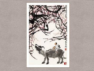 Chinese Decorative Painting Cattle Li Keran Shepherd Boy Figure model