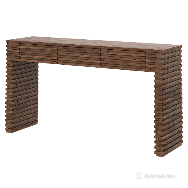 Modern Stacked Wooden Console Table With Natural Brown Finish And Drawers 3d model 