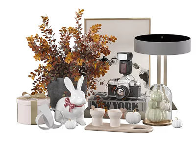 Decorative Ornaments Set With Rabbit Figurine Vintage Camera Table Lamp And Autumn Leaves 3d model