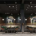 Elegant Modern Restaurant Interior With Green Velvet Chairs Pendant Lights And Wooden Dining Tables