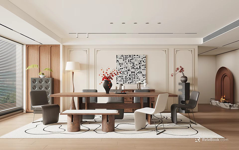 Elegant Restaurant Interior With Wooden Dining Table Decorative Painting Pendant Lights And Comfortable Seating 3d model 
