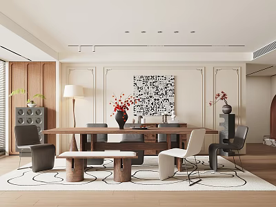 Elegant Restaurant Interior With Wooden Dining Table Decorative Painting Pendant Lights And Comfortable Seating 3d model