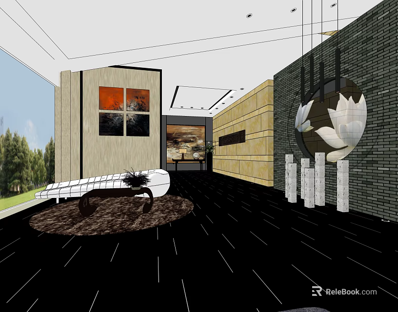 Modern Elevator Hallway Design With Decorative Paintings Lotus Decoration And Black Floor 3d model 