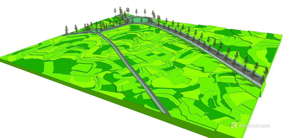 Green Rolling Garden Landscape With Winding Paths Central Pond And Trees 3d model 