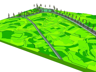 Green Rolling Garden Landscape With Winding Paths Central Pond And Trees 3d model