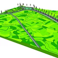 Green Rolling Garden Landscape With Winding Paths Central Pond And Trees