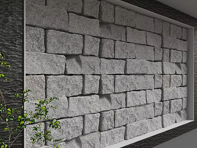 Gray Stone Brick Background Wall With Irregular Pattern And Green Plants 3d model