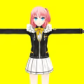 Woman with pink hair wearing black top white pleated skirt against yellow background arms outstretched