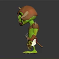 Cartoon Green Goblin Character With Orange Horns Large Ears Metal Armor And Red Shorts