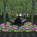 Residential Landscape Design With Lined Trees Pink Hydrangeas And Striped Walkway Layout