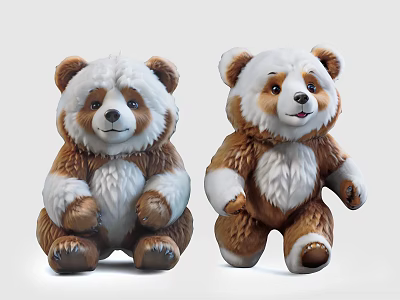 Cute Brown And White Fluffy Panda Plush Toys Sitting And Standing 3d model
