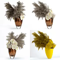 Bonsai Potted Plants With Feathery Foliage And White Leaf Accents In Brown Vases