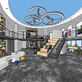 Public Office Space with Open Design Bookshelves Desks Colorful Chairs and Curved Seating Areas