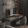 Modern Wooden Desk with Computer Monitor Wall Lamp Shelf Books Small Plant and Comfortable Chair