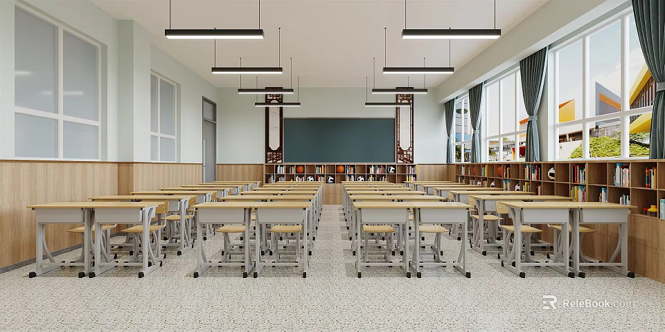 School Classroom Interior Featuring Neat Desks Blackboard Bookshelves Windows And Hanging Lights 3d model 
