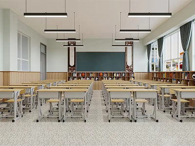 School Classroom Interior Featuring Neat Desks Blackboard Bookshelves Windows And Hanging Lights 3d model
