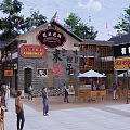 Traditional Style Commercial Street With Lanterns String Lights And Outdoor Dining Areas