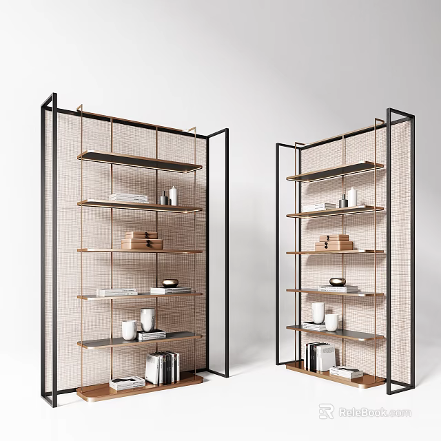 Modern Open Design Double Bookcase With Metal Frame Wooden Shelves And Decorative Items 3d model 