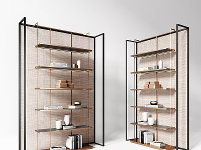Modern Open Design Double Bookcase With Metal Frame Wooden Shelves And Decorative Items 3d model