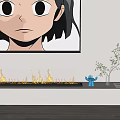 Modern Fireplace With Flames And Large Artwork Blue Sculpture Plant On Light Wall Wooden Floor