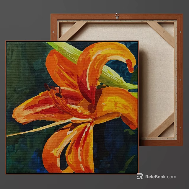 Vibrant Orange Lily Botanical Painting on Dark Background with Wooden Frame 3d model 