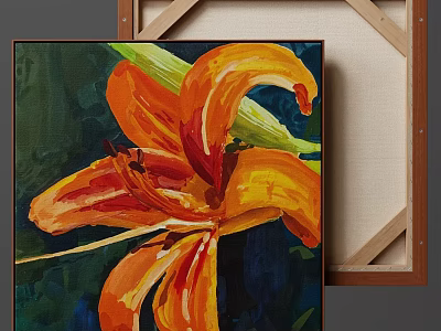 Vibrant Orange Lily Botanical Painting on Dark Background with Wooden Frame 3d model