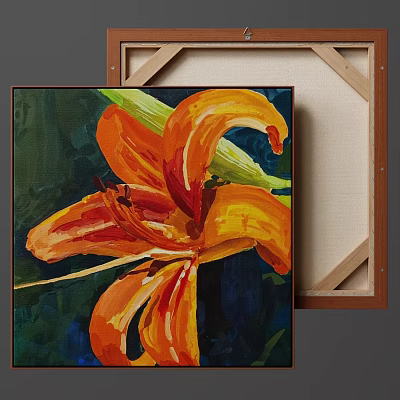 Vibrant Orange Lily Botanical Painting on Dark Background with Wooden Frame 3d model