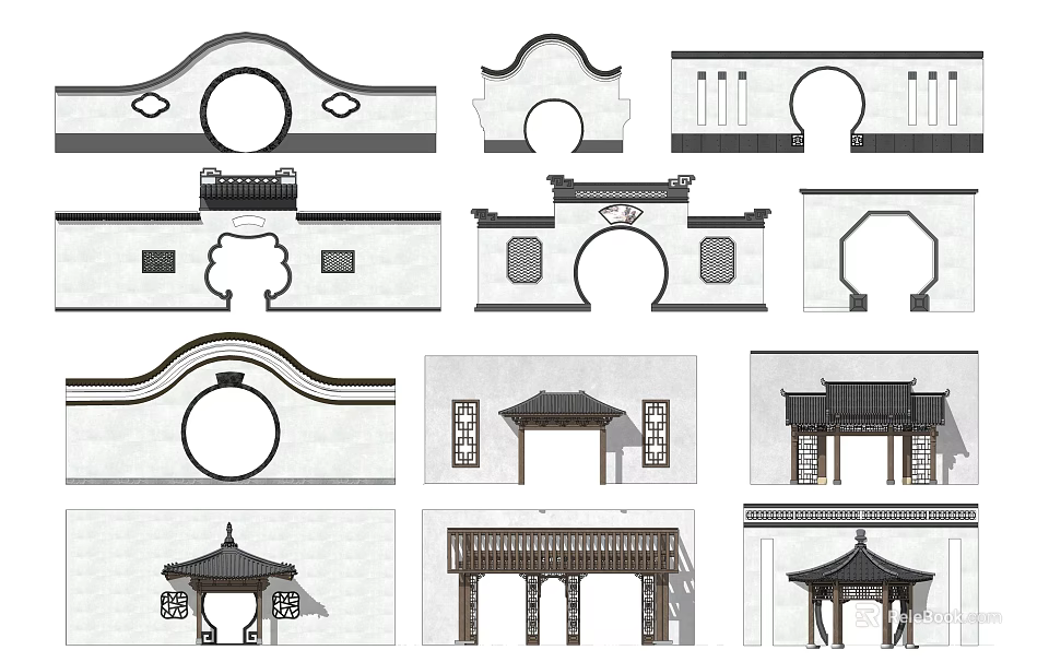 Traditional Chinese Garden Wall Designs With Arch Doorways Carved Patterns And Roof Structures 3d model 