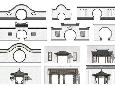 Traditional Chinese Garden Wall Designs With Arch Doorways Carved Patterns And Roof Structures 3d model