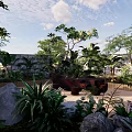 Serene Courtyard Garden With Wooden Deck Stone Wall Red Tree And Outdoor Dining Setup