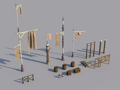 Medieval Decorative Props With Flagpoles Banners Fences Barrels Crates And Poles 3d model