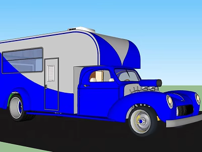 Blue And White Vintage Camper Van With Retro Truck Design And Exterior Features 3d model