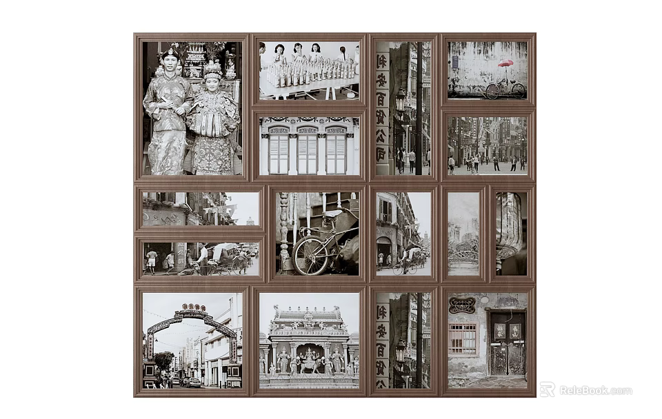 Vintage Black And White Photo Wall With Retro Architecture People Street Grid Layout 3d model 
