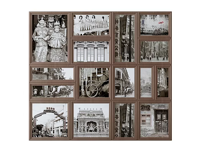 Vintage Black And White Photo Wall With Retro Architecture People Street Grid Layout 3d model
